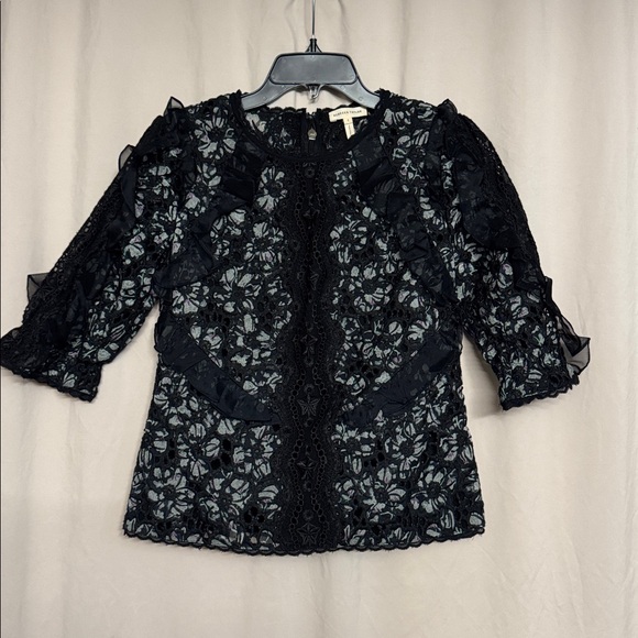 Rebecca Taylor 3/4 Sleeve Floral Lace Blouse, Size 2, Color Black/Gray/Purple - Picture 1 of 9